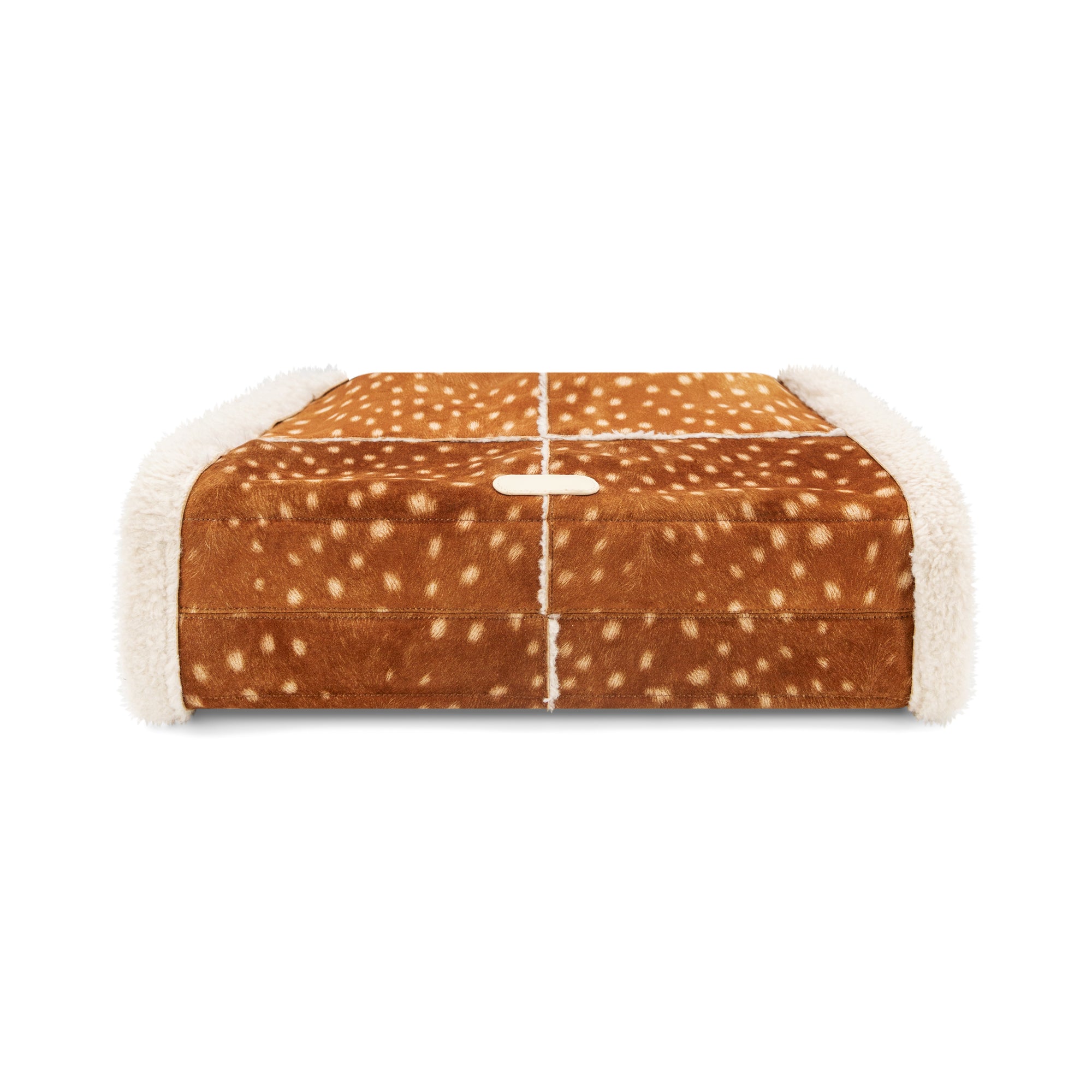A rectangular pet bed featuring a brown and cream deer print top with plush cream sherpa sides and a matching cream sherpa front panel, shown on a plain white background.