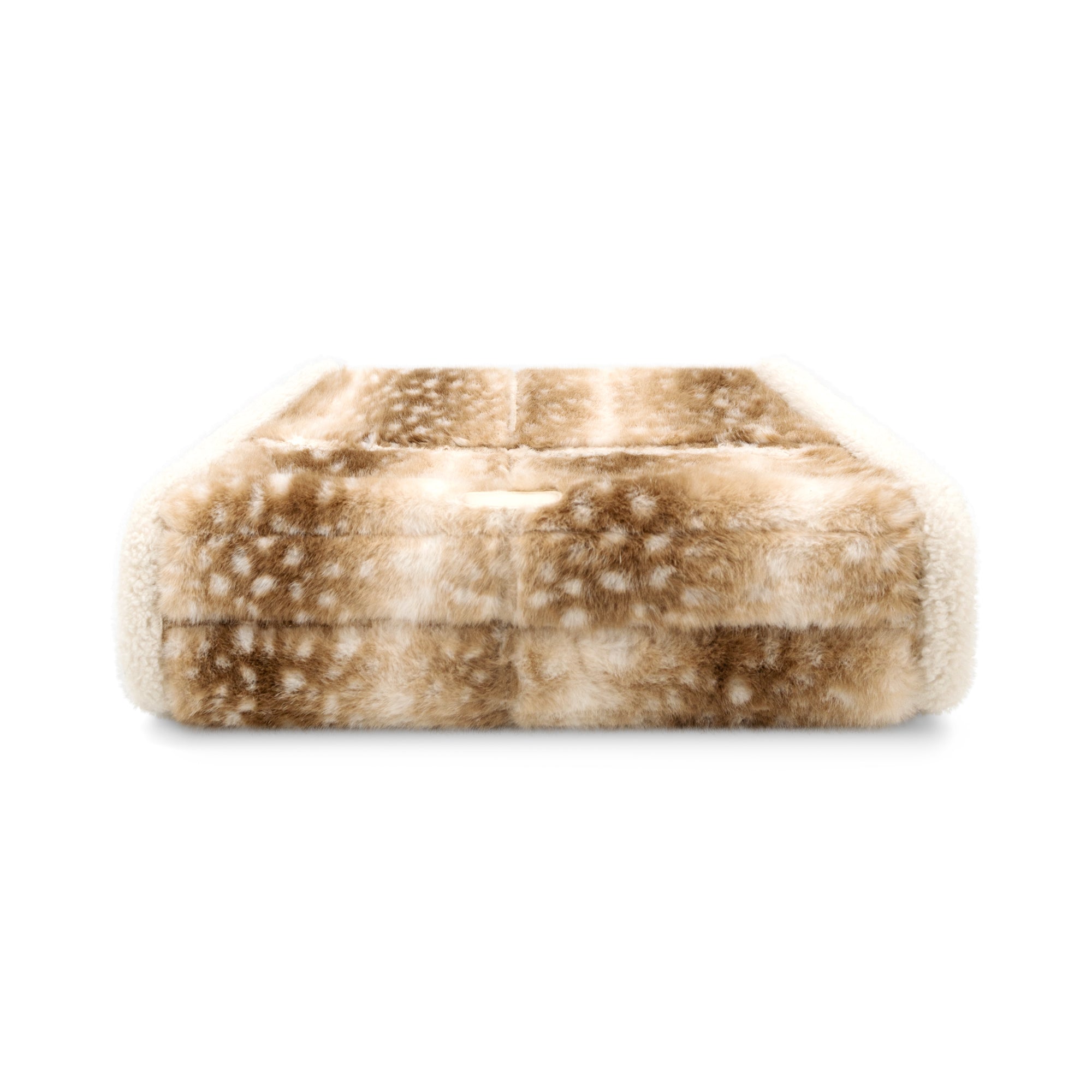 A rectangular faux fur cushion or pet bed with a brown and cream spotted pattern, shown from the front on a solid white background.