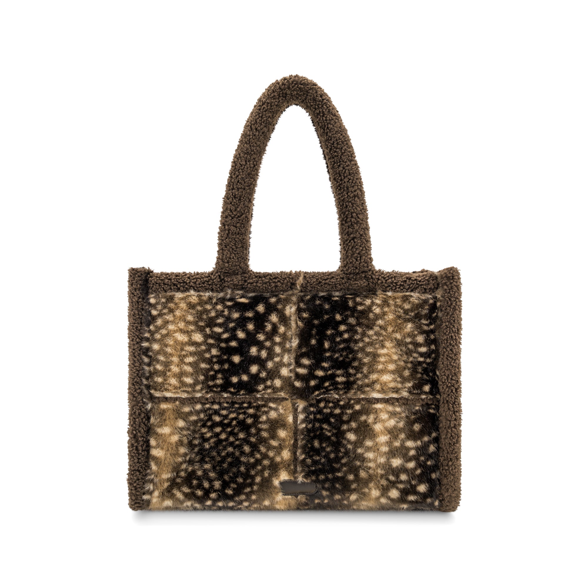 A small teddy-fleece tote bag with a brown and beige spotted animal-print front panel and dark brown handles, shown on a plain white background.