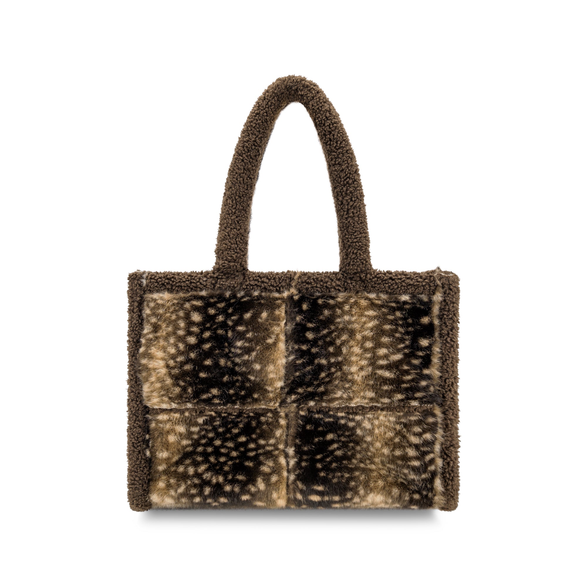 A small structured tote bag with a textured, fuzzy exterior featuring a brown and beige spotted animal-print pattern, with solid brown handles, shown against a plain white background.