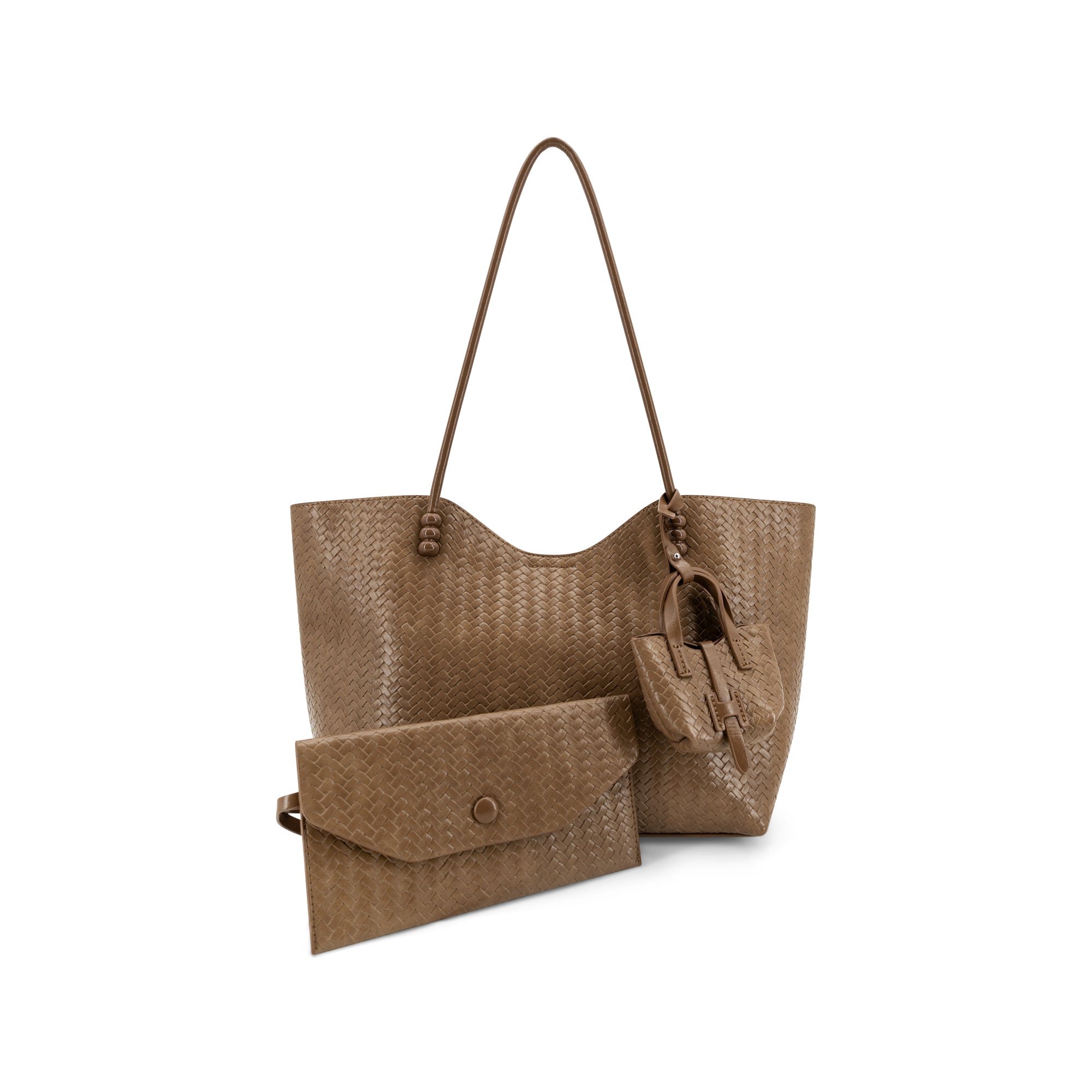 A brown woven leather tote bag with a matching flap clutch and small pouch, displayed on a clean white background.