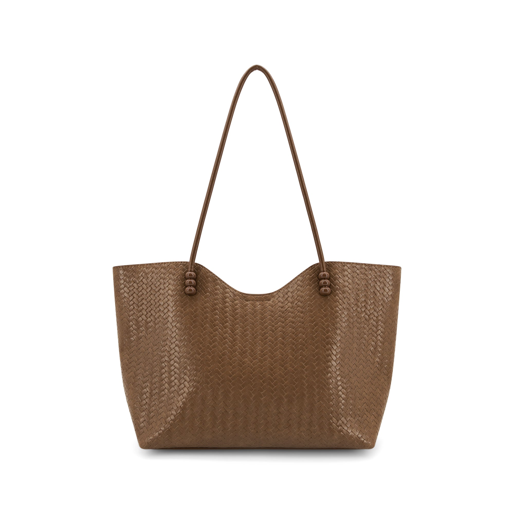 A brown woven leather tote bag with a slouchy, open top and two long shoulder straps, shown against a plain white background.