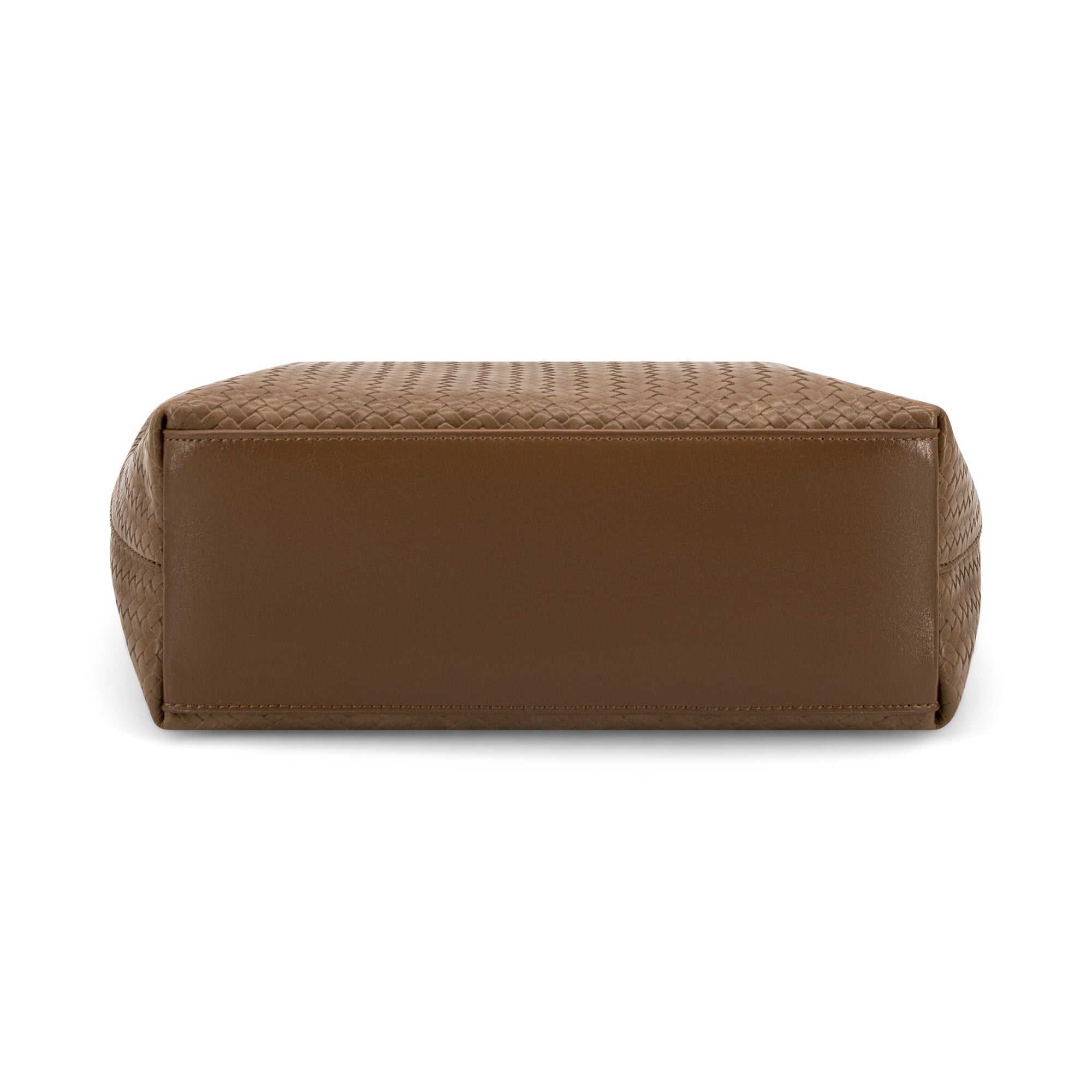 A brown leather handbag shown from the bottom front view, featuring a smooth brown leather base and a woven basketweave pattern on the top, set against a plain white background.