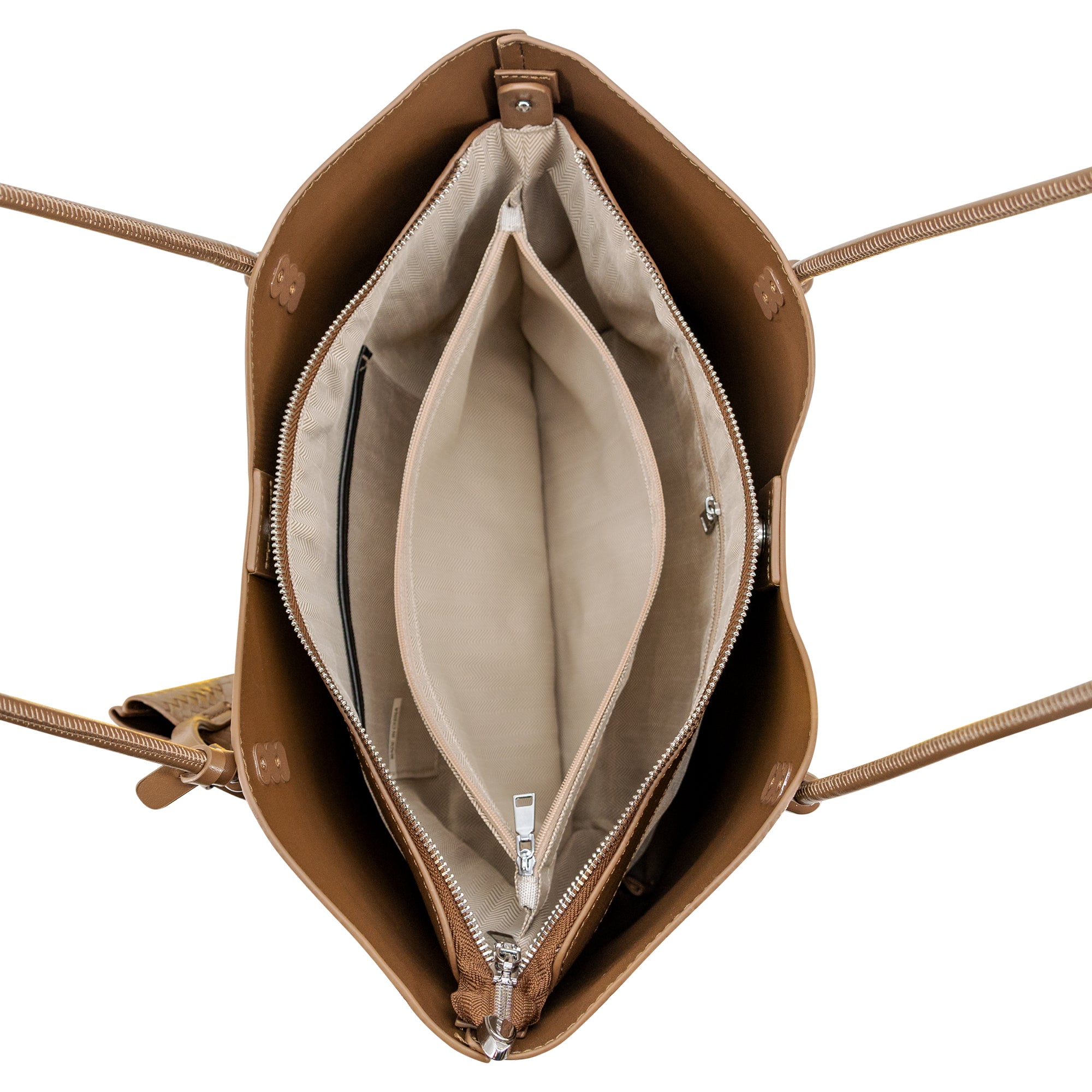 Top-down view of a tan leather tote bag showing its interior compartments, including a main zippered compartment, a side slip pocket, and a beige fabric lining, on a white background.