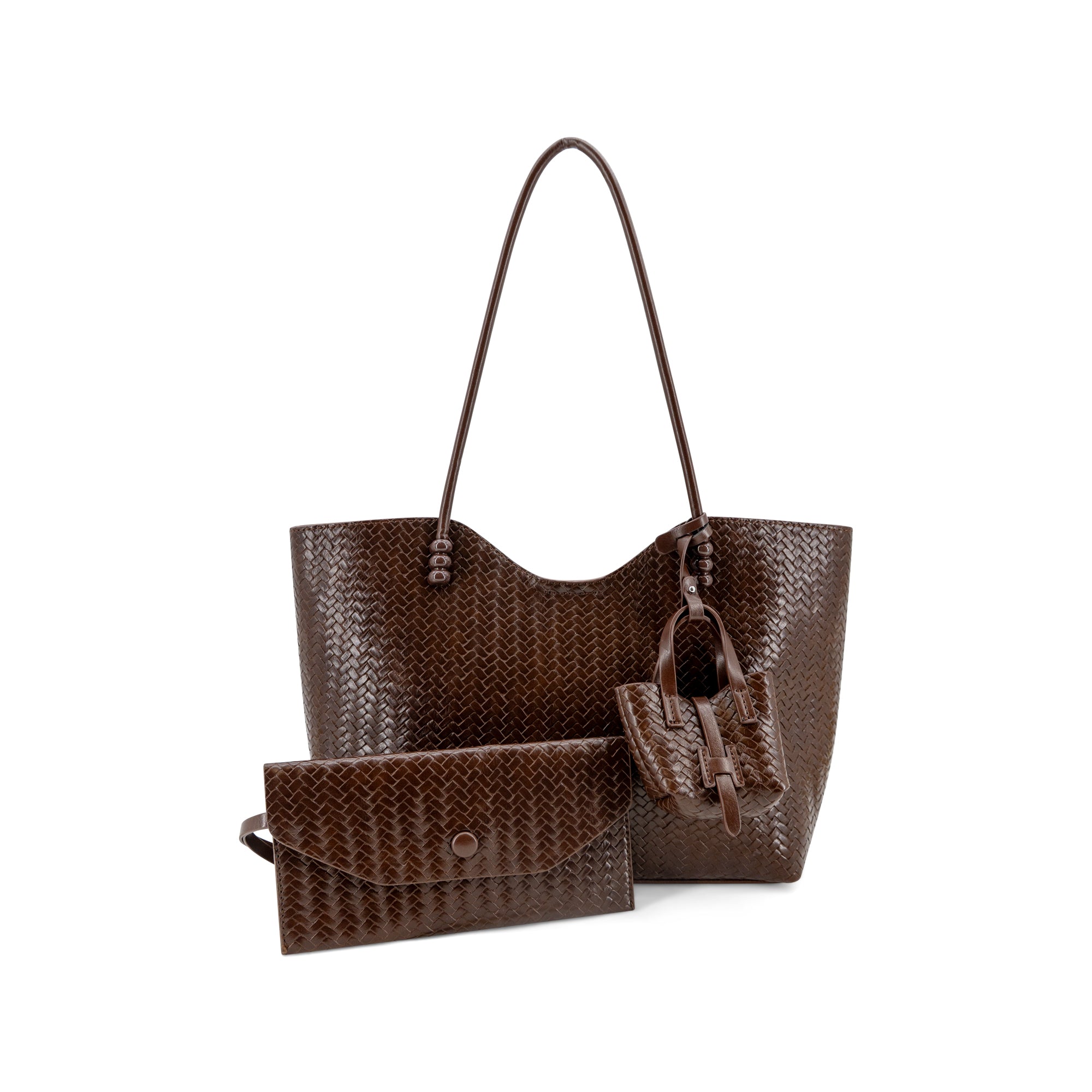 A dark brown woven leather tote bag with a matching zip-around clutch and small leather charm, displayed on a clean white background.