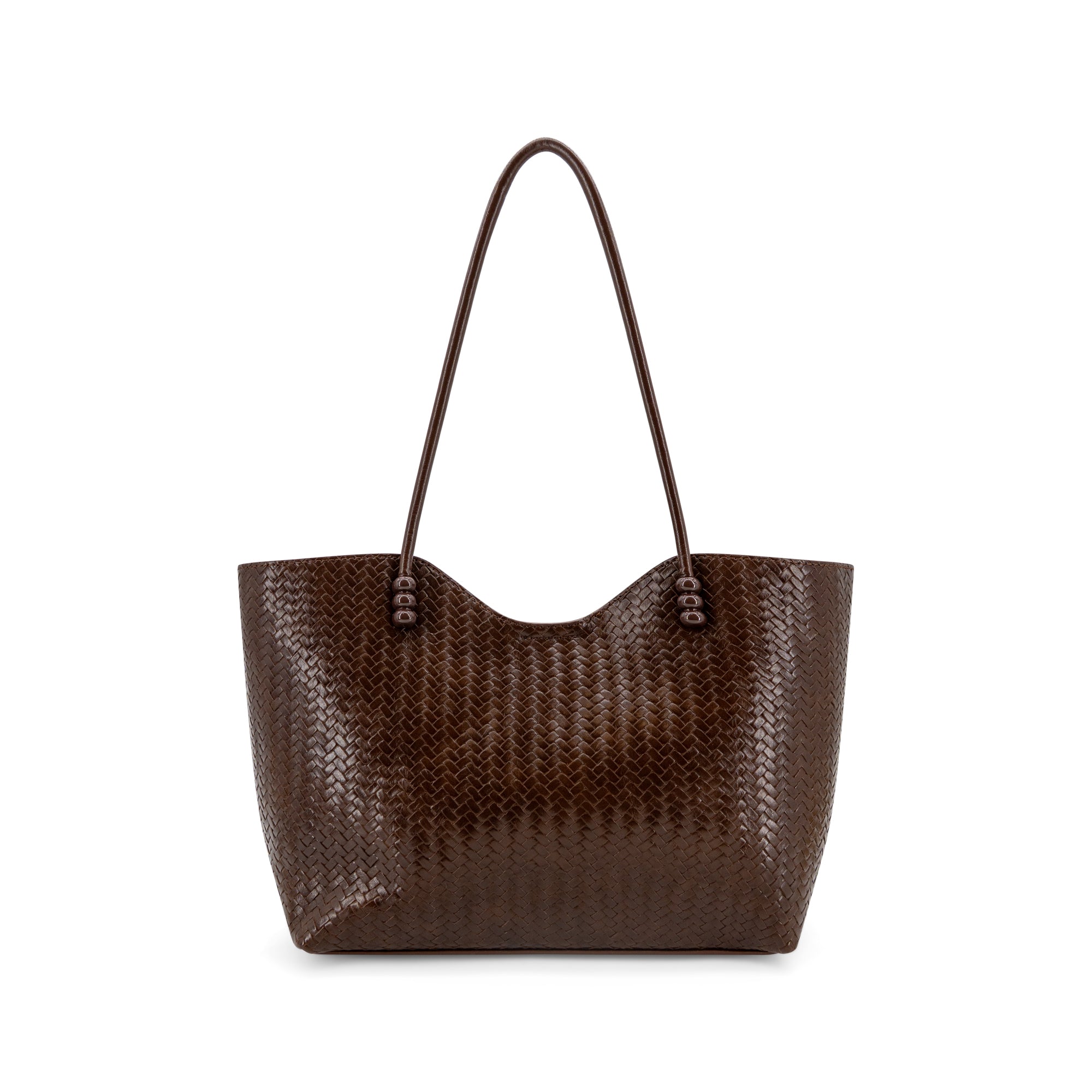 A dark brown woven leather tote bag with a single shoulder strap, shown against a plain white background.