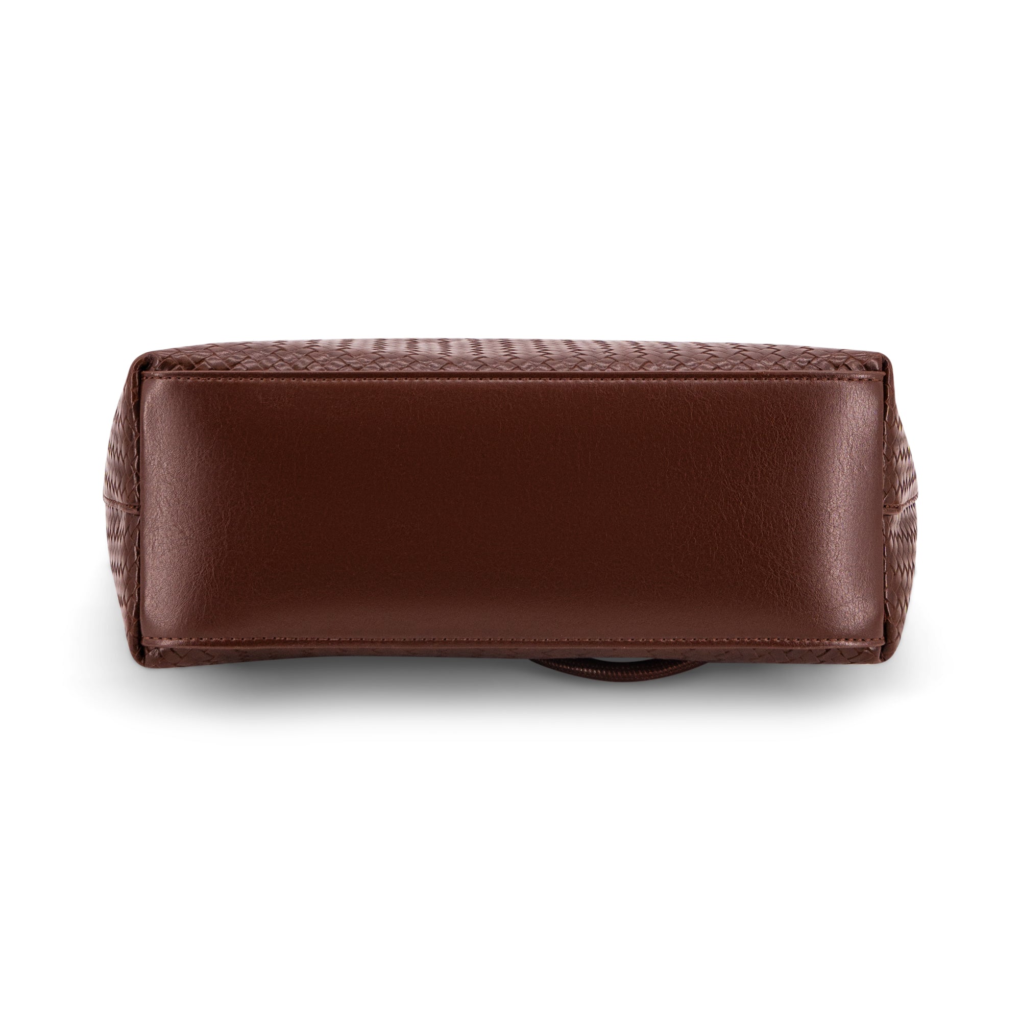 A brown leather pouch with a textured woven pattern on the top and sides, shown from a top-down view on a white background.