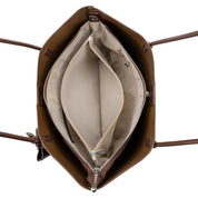 Top-down view of a brown leather tote bag with a beige interior organizer insert and silver zipper details, shown on a white background.