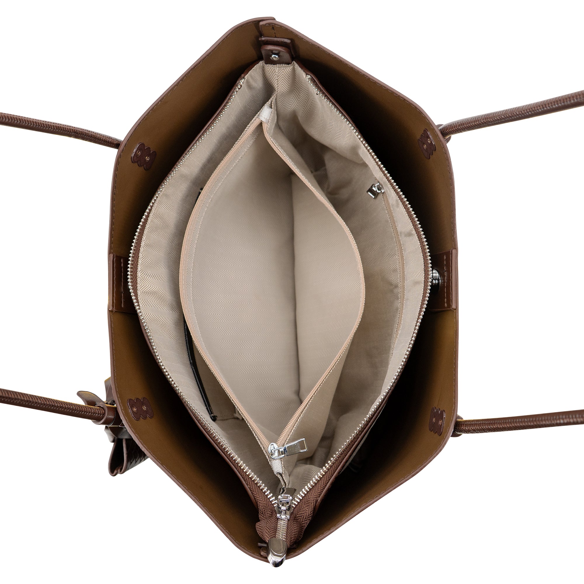 Top-down view of a brown leather tote bag with a beige interior organizer insert and silver zipper details, shown on a white background.