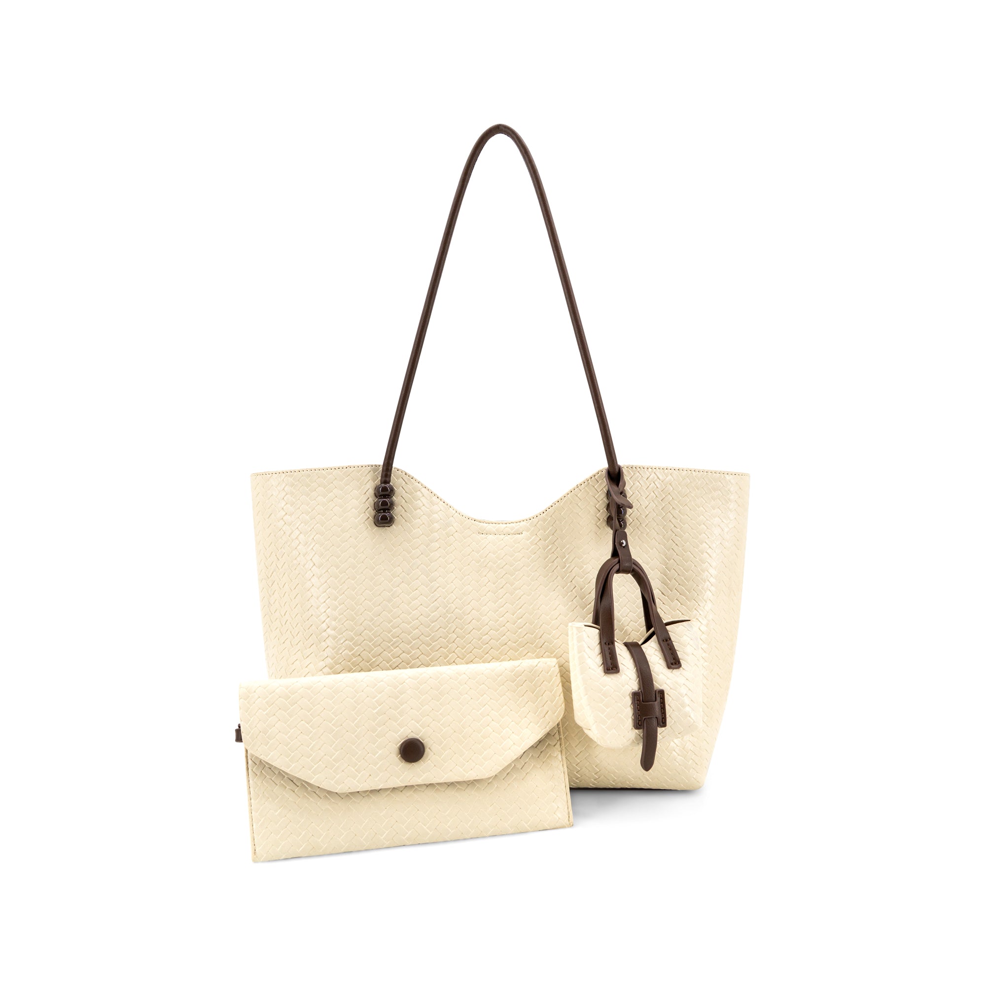 An Ivory textured leather handbag with dark brown shoulder straps and a matching small envelope-style wallet, shown on a plain white background.