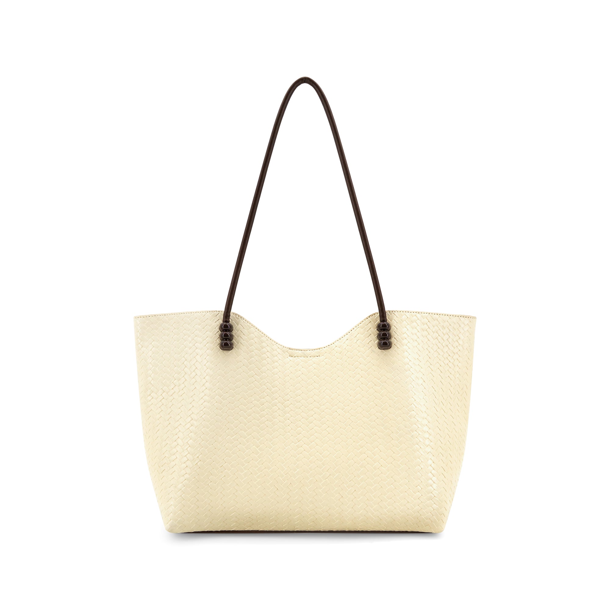 A cream-colored textured tote bag with dark brown shoulder straps, shown against a plain white background.