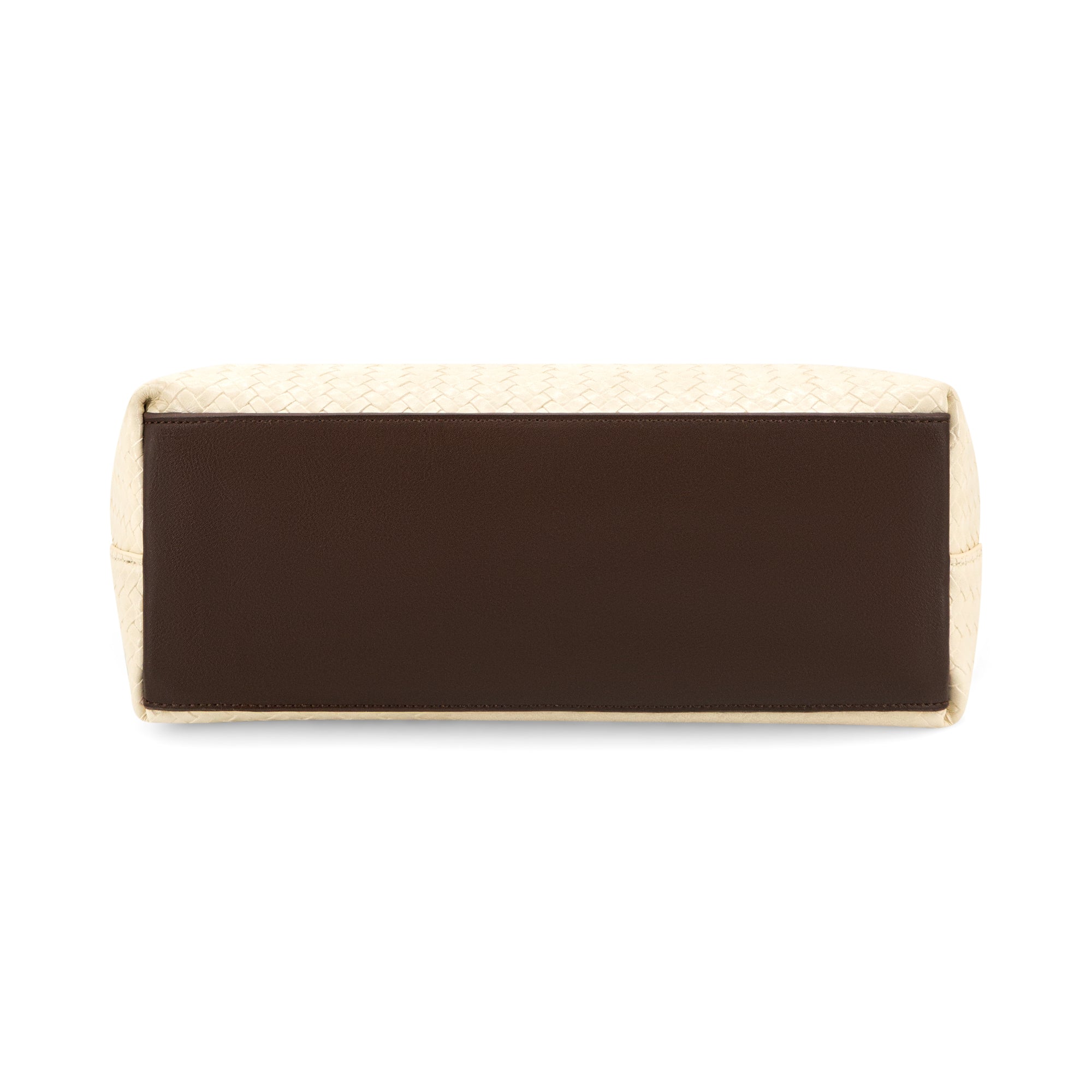 A rectangular clutch bag with a smooth dark brown center panel and a textured cream monogram patterned border, shown from a top-down view on a white background.