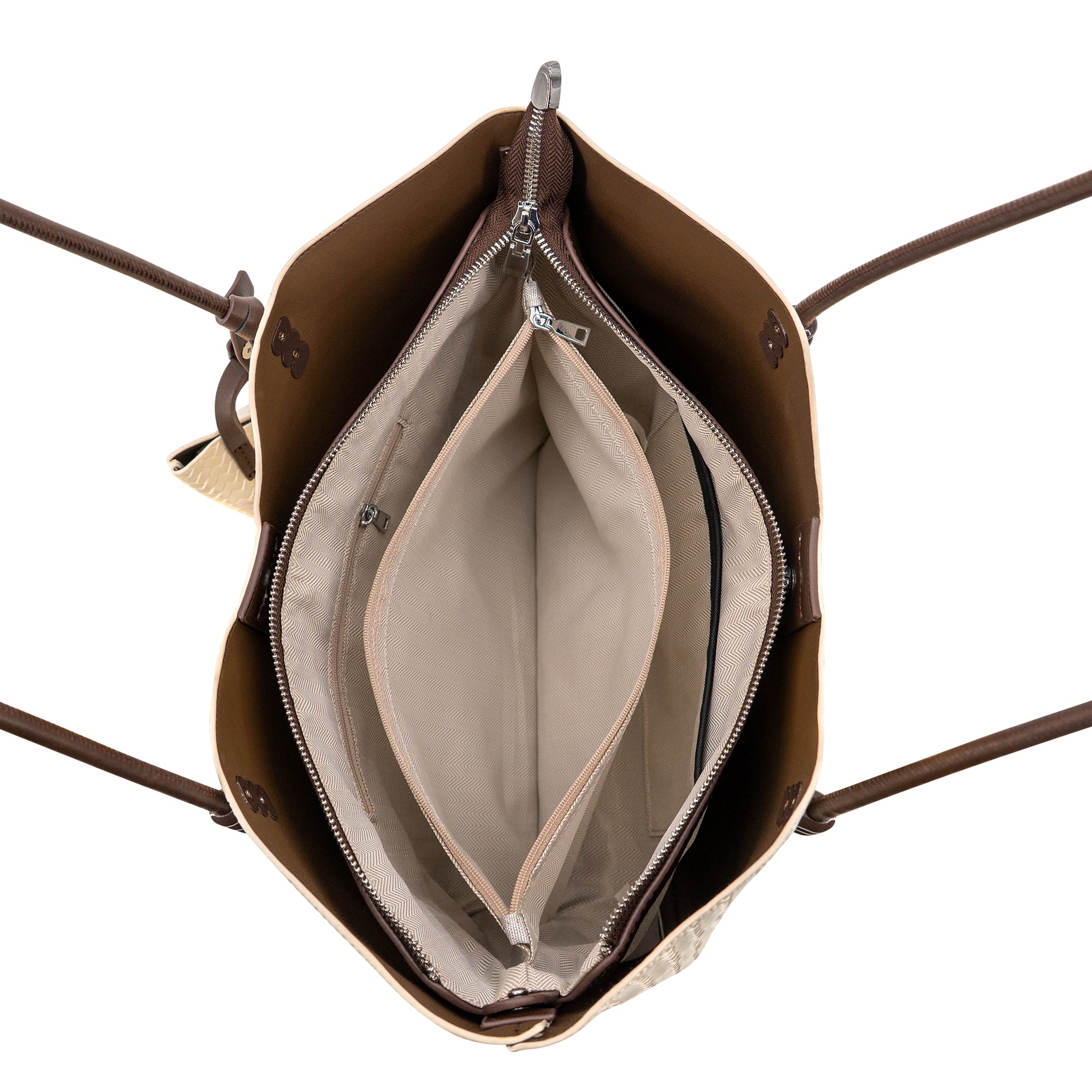 Open view of a brown leather tote bag showing its beige interior lining, zippered compartments, and dark brown shoulder straps against a white background.
