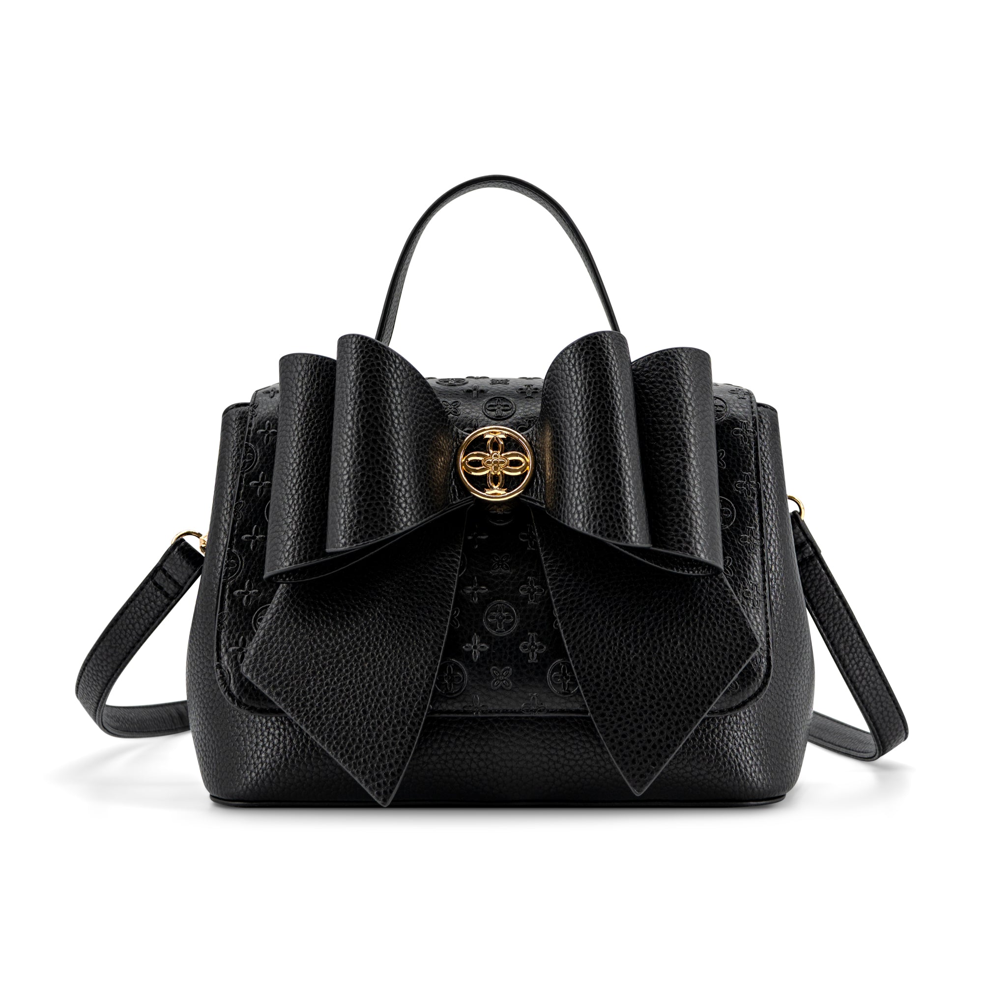 Crossi Bow Embossed Small Crossbody Bag in Black, front view