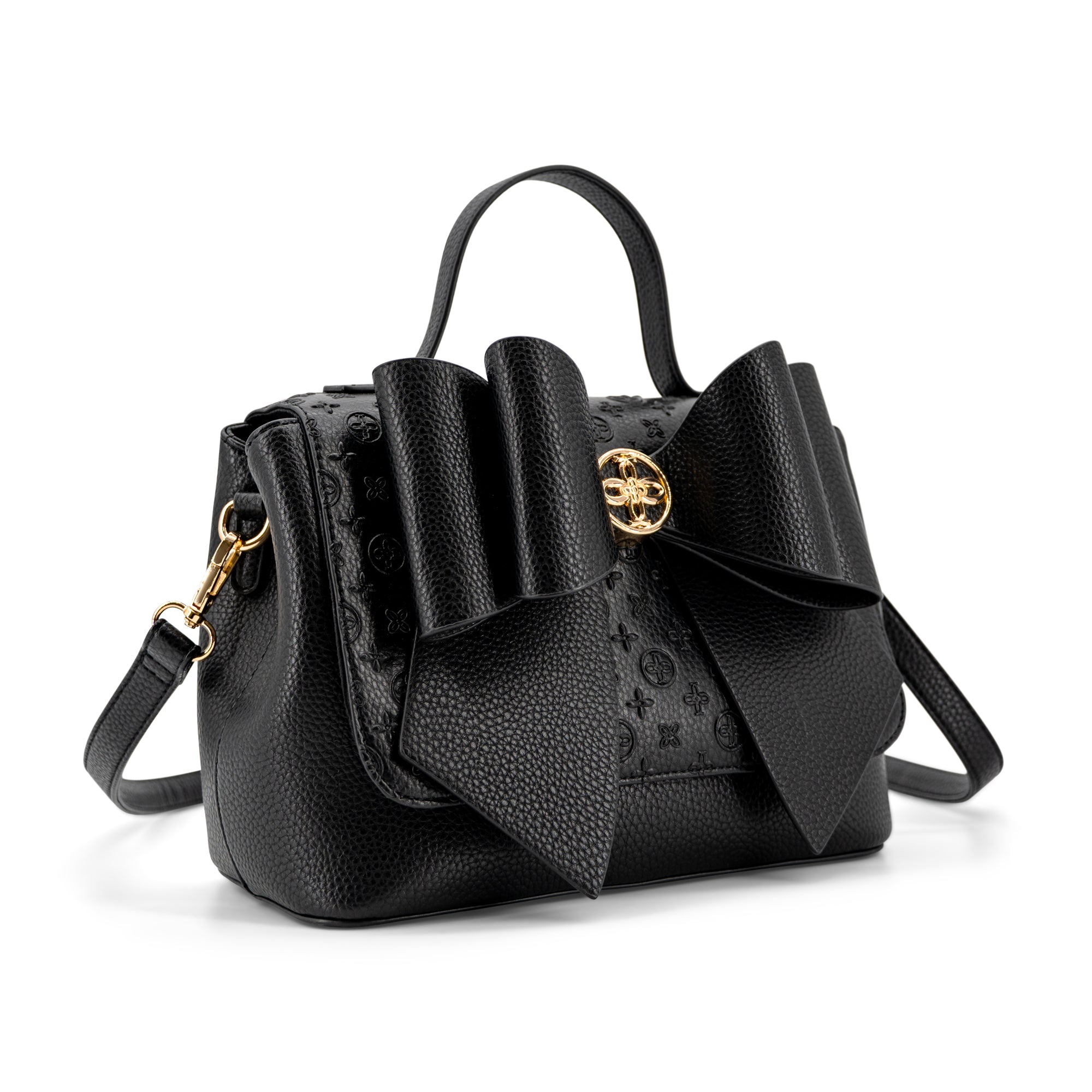 Crossi Bow Embossed Small Crossbody Bag in Black, angled view