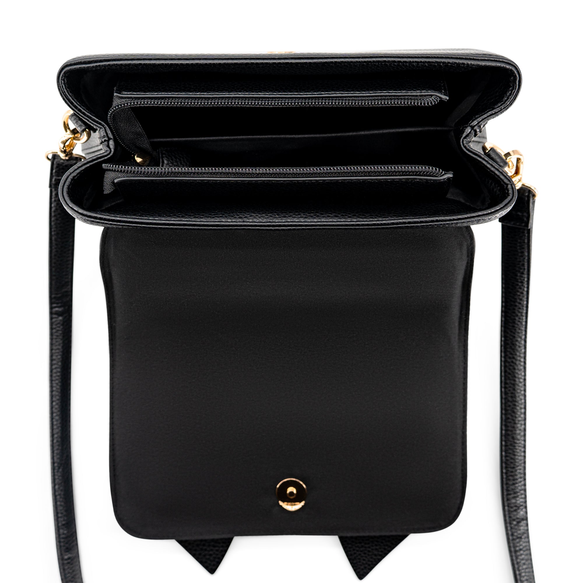 Crossi Bow Embossed Small Crossbody Bag in Black, open interior view