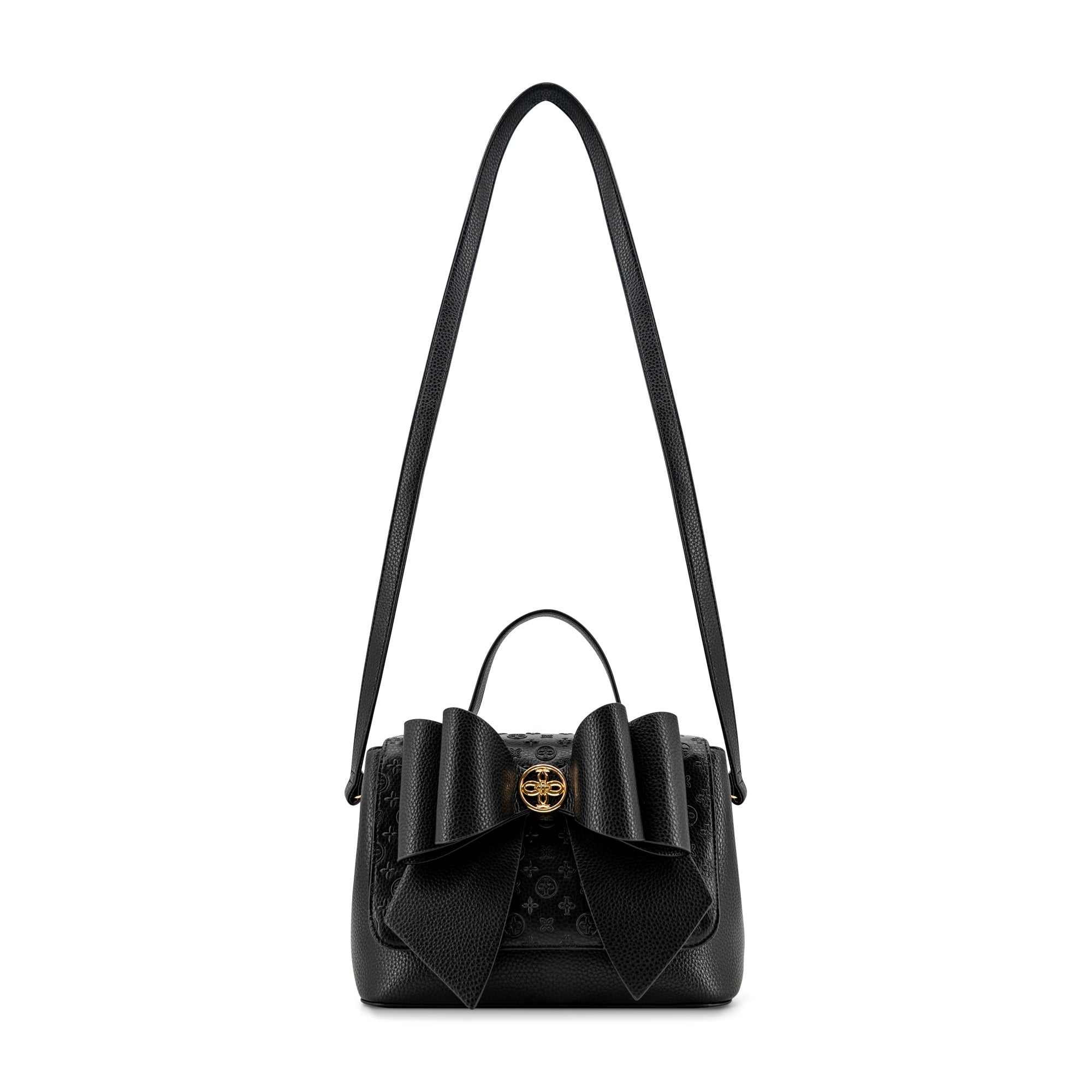 Crossi Bow Embossed Small Crossbody Bag in Black, front view with shoulder strap