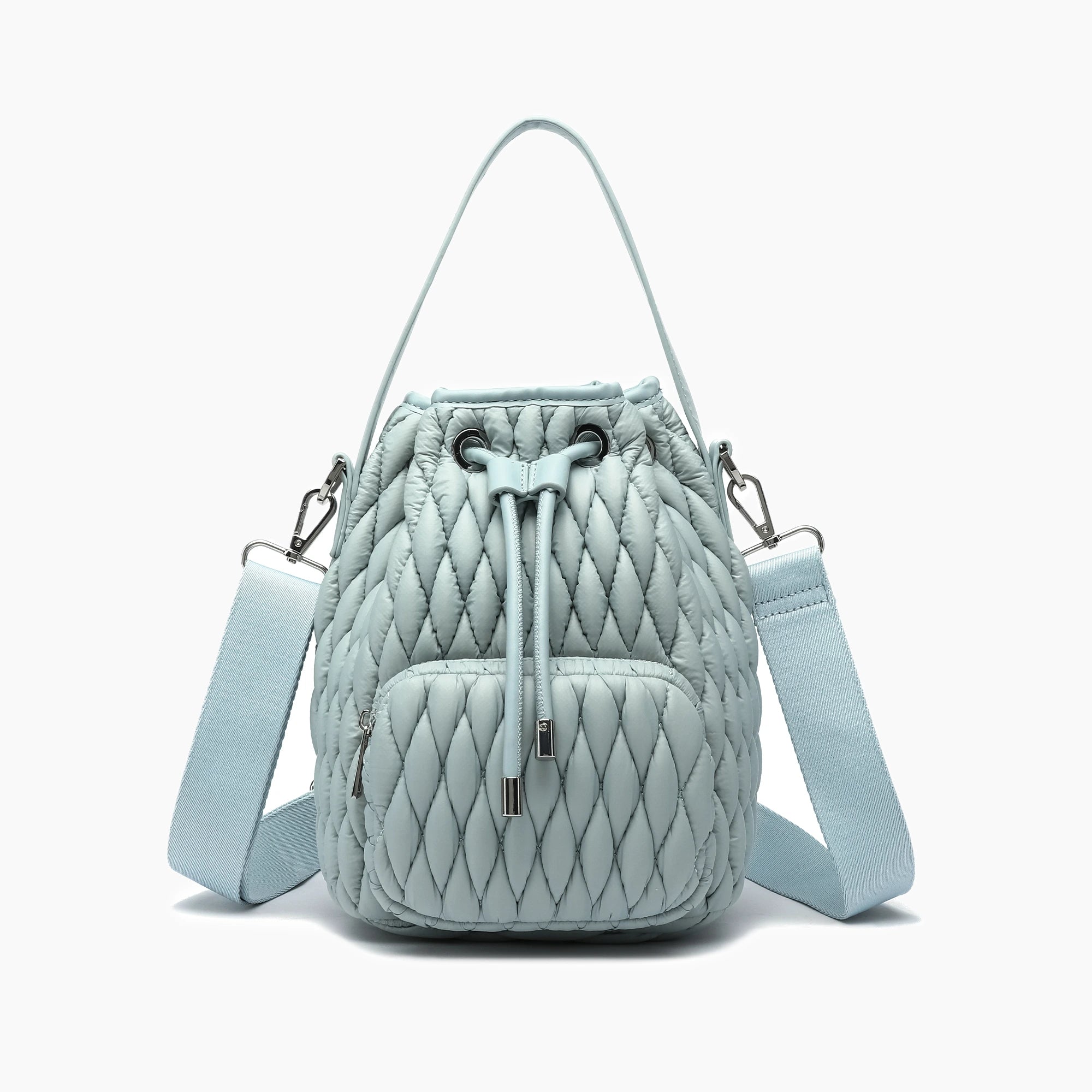  A light blue quilted bucket puffer bag with a drawstring closure and detachable shoulder strap.