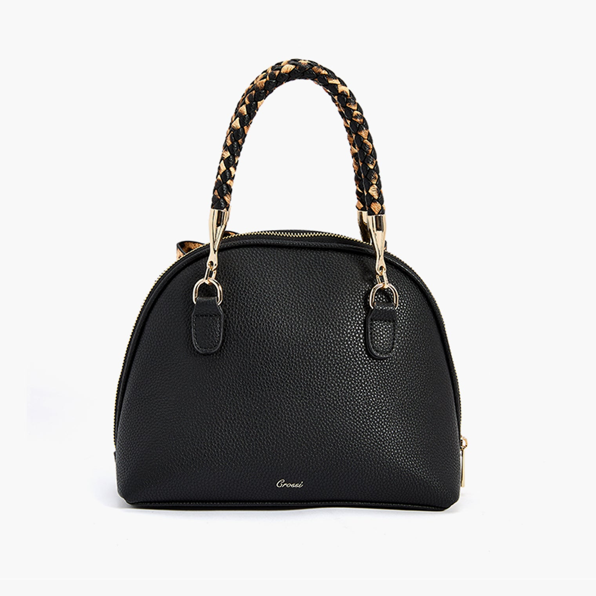 Black crossbody bag with braided leopard-print top handle, back view