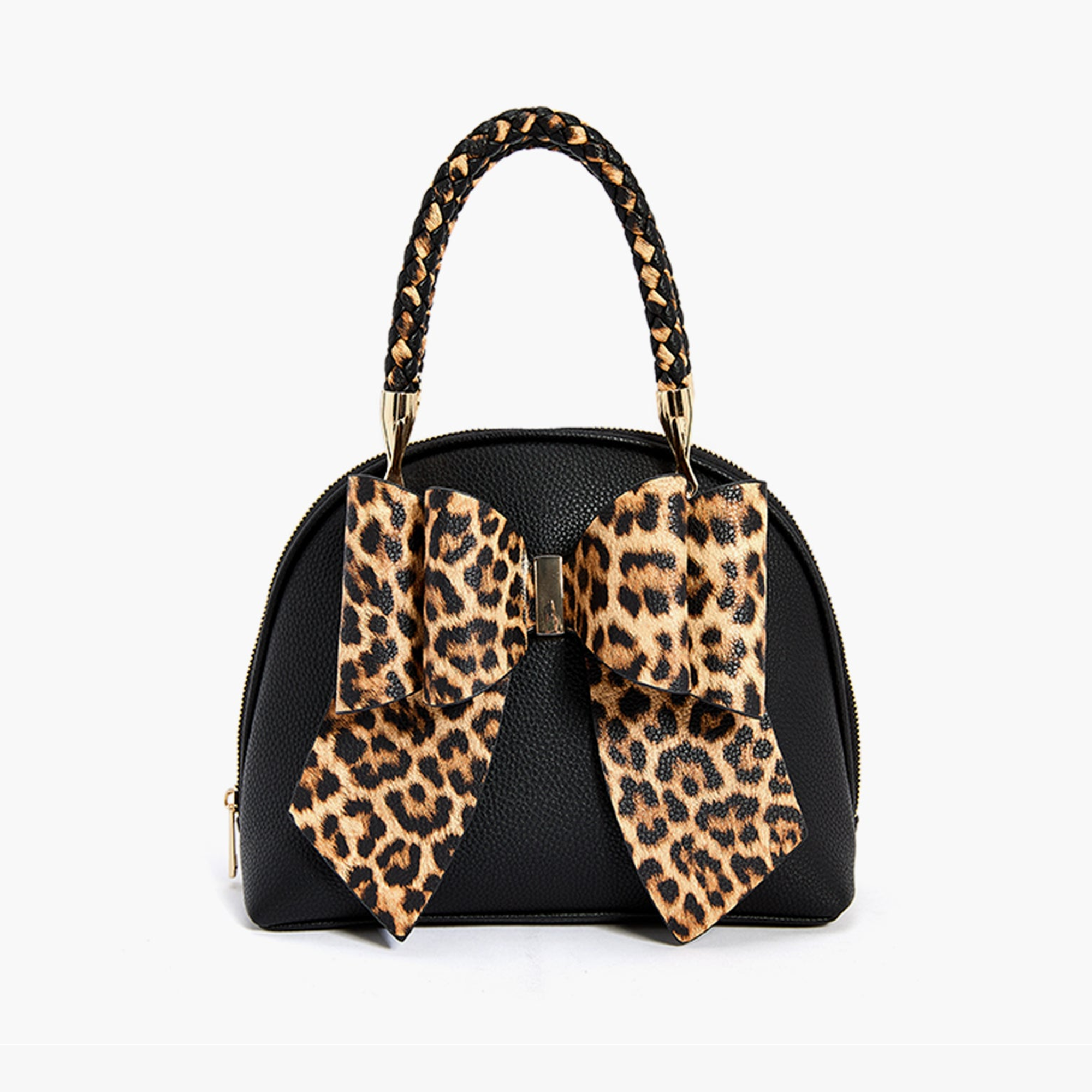 Black leopard-print bow crossbody bag with braided top handle, front view