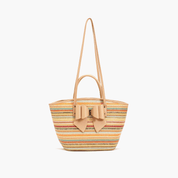 Daisy Bowtie Striped Straw Basket Tote Bag